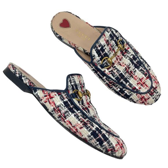Gucci Shoes - Gucci Princetown Tweed Mules Horsebit Gardenia Ink Blue Size 36.5